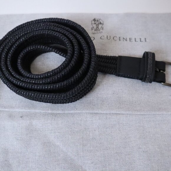 Brunello Cucinelli Belt Black Raffia Monili Leather Trim Stretch Size XL